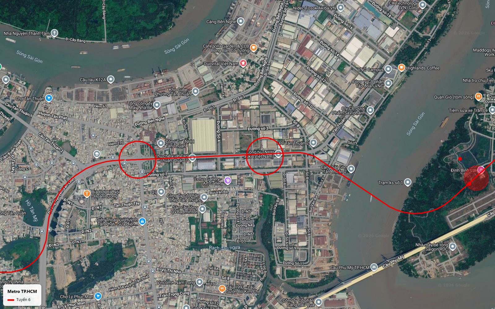 Ảnh vệ tinh tuyến metro số 6 xuyên Khu chế xuất Tân Thuận Quận 7 với ga gần Công ty Juki và đường Huỳnh Tấn Phát