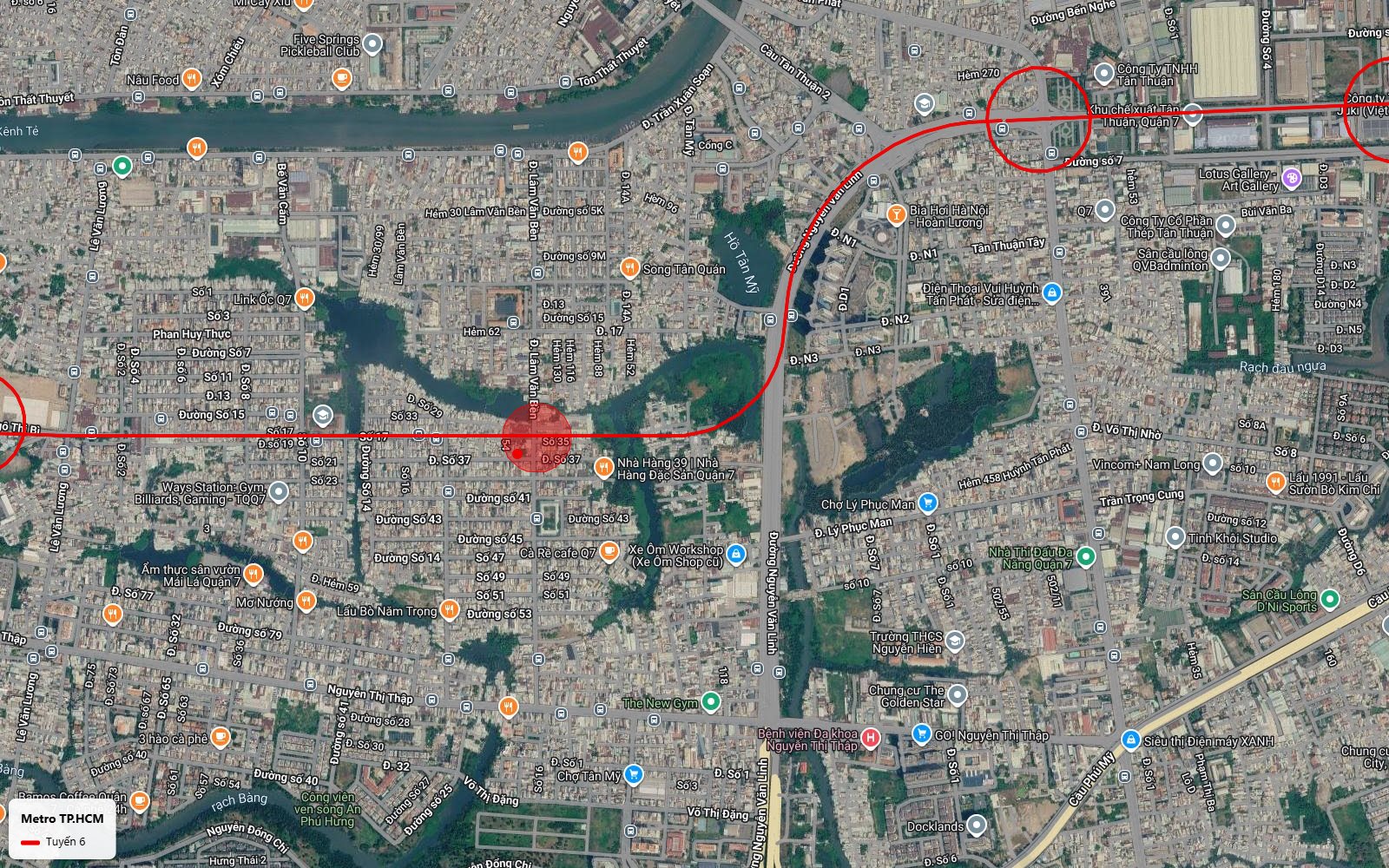 Ảnh vệ tinh tuyến metro số 6 uốn theo Nguyễn Văn Linh qua hồ Tân Mỹ giữa Kênh Tẻ và Nguyễn Thị Thập Quận 7