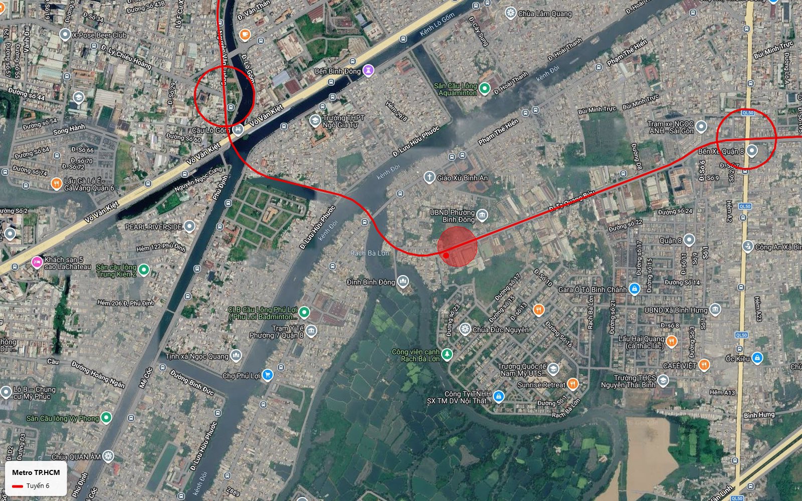Ảnh vệ tinh tuyến metro số 6 qua phường Bình Đông vượt kênh Đôi men Lưu Hữu Phước hướng cầu Lò Gốm và Võ Văn Kiệt