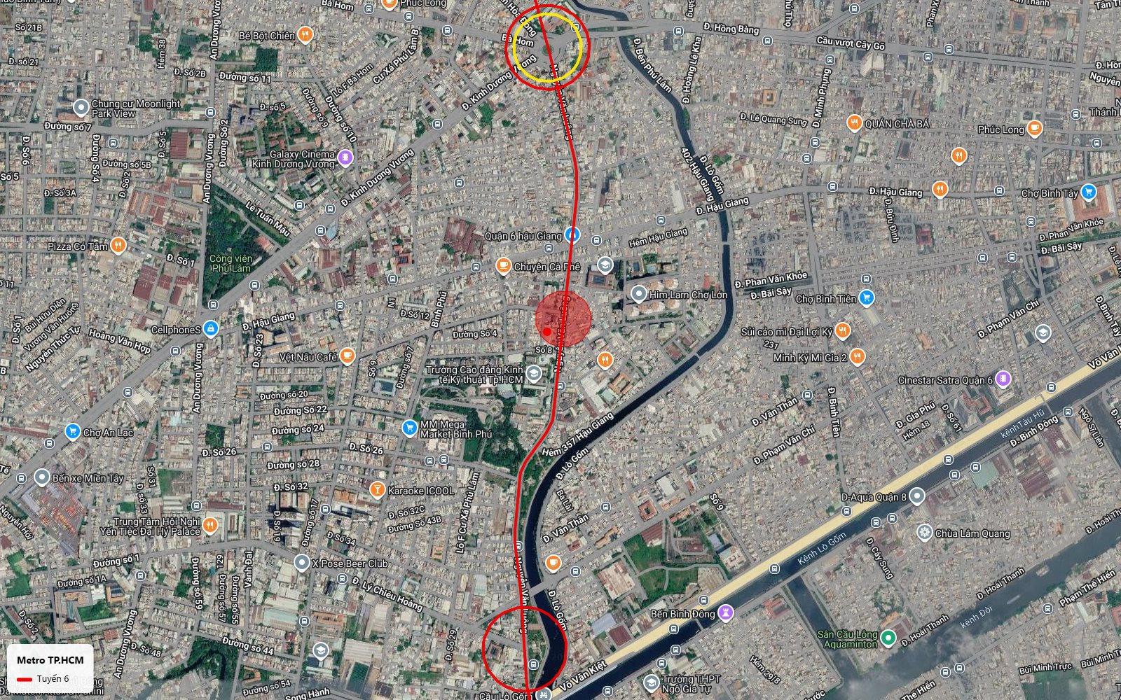 Ảnh vệ tinh ga trung chuyển tuyến metro số 6 tại vòng xoay Phú Lâm Quận 6 trên trục Kinh Dương Vương gần Bến xe Miền Tây