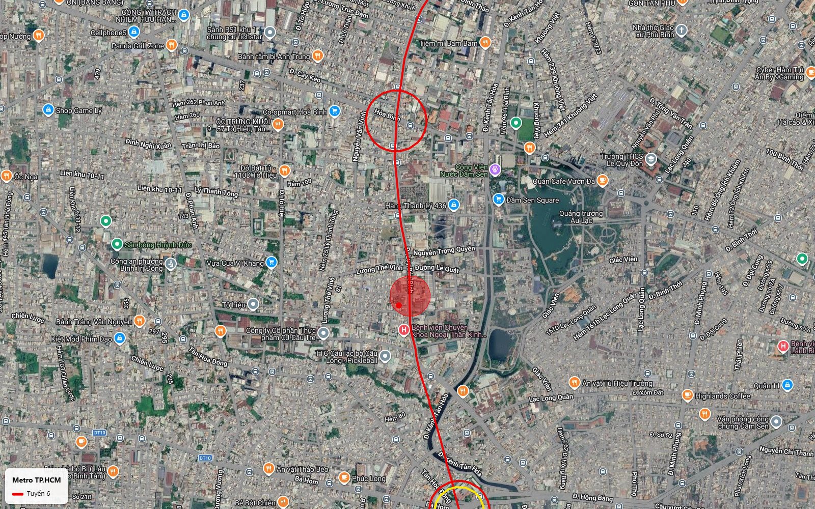 Ảnh vệ tinh tuyến metro số 6 dọc đường Hòa Bình cạnh công viên Đầm Sen quảng trường Âu Lạc và kênh Tân Hóa Quận 11