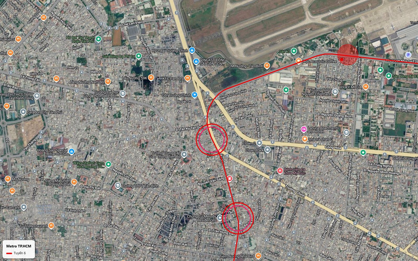 Ảnh vệ tinh ga trung chuyển tuyến metro số 6 với tuyến metro số 2 tại nút Trường Chinh Tân Kỳ Tân Quý khu Bà Quẹo