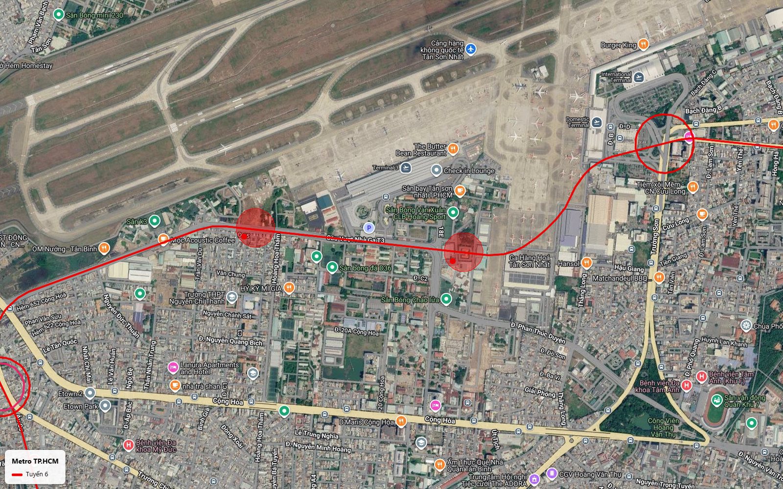 Ảnh vệ tinh tuyến metro số 6 chạy sát nhà ga T3 sân bay Tân Sơn Nhất và ga hàng hóa trên đường Phan Thúc Duyện