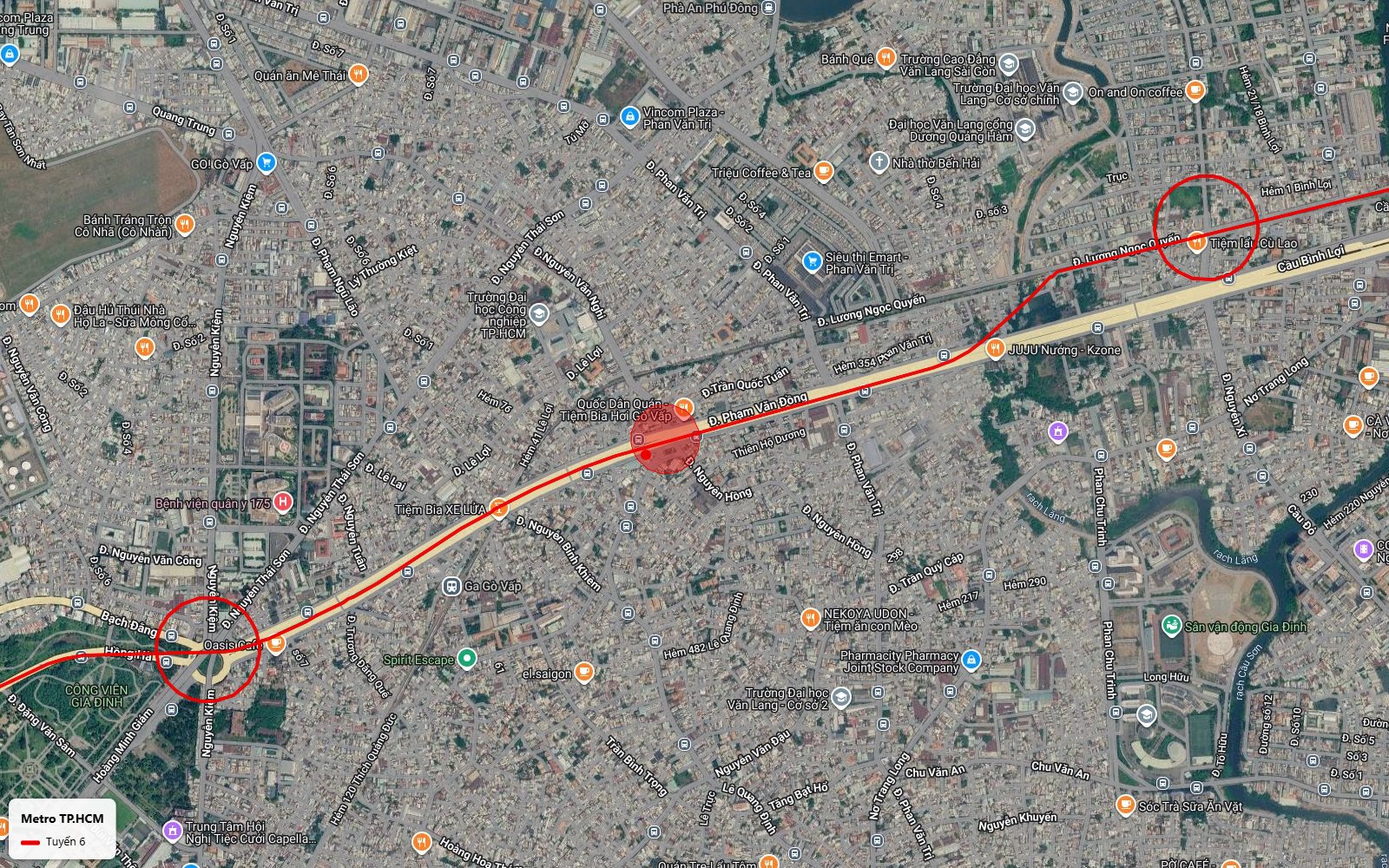 Ảnh vệ tinh tuyến metro số 6 dọc đại lộ Phạm Văn Đồng qua Gò Vấp gần Đại học Văn Lang tới đầu cầu Bình Lợi
