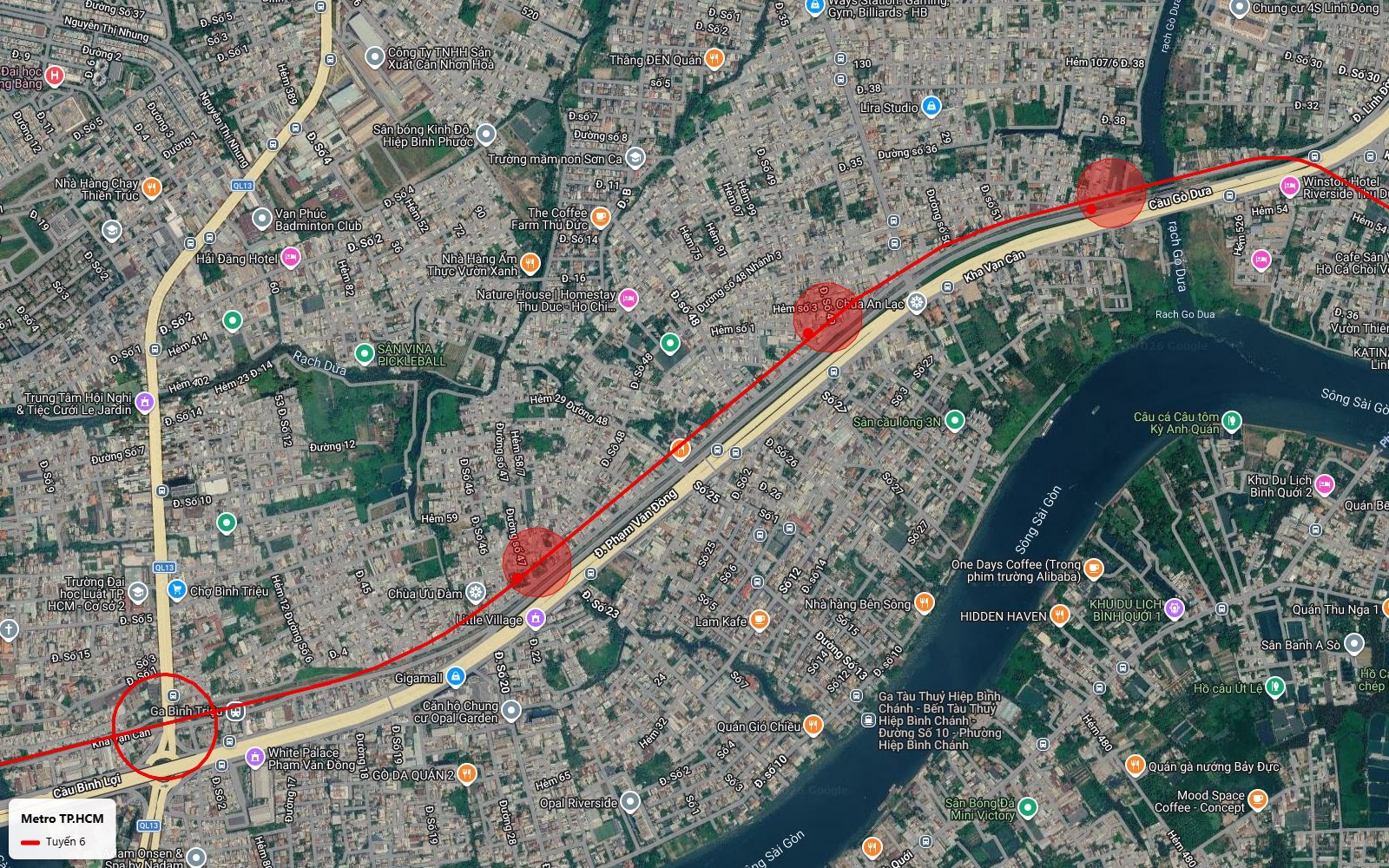 Ảnh vệ tinh ba nhà ga tuyến metro số 6 đoạn Hiệp Bình Chánh Hiệp Bình Phước trên Phạm Văn Đồng Kha Vạn Cân và cầu Gò Dưa