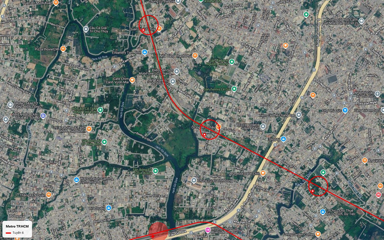 Ảnh vệ tinh nhánh Bắc tuyến metro số 6 qua Hẻm 39 Linh Đông và đường Tam Bình men rạch Gò Dưa gần TECCO Tower