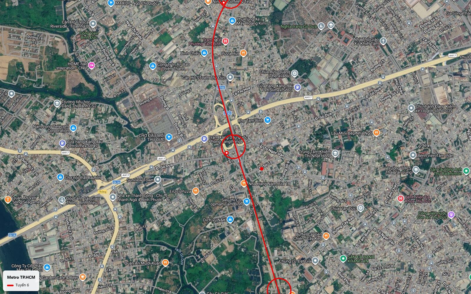 Ảnh vệ tinh nhánh Bắc tuyến metro số 6 đặt ga tại nút giao Gò Dưa Quốc lộ 1 cạnh chợ đầu mối nông sản Thủ Đức