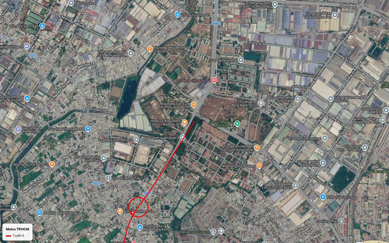 Ảnh vệ tinh điểm cuối nhánh Bắc tuyến metro số 6 tại khu vực ga Sóng Thần giữa khu công nghiệp Bình Chiểu và Sóng Thần 1