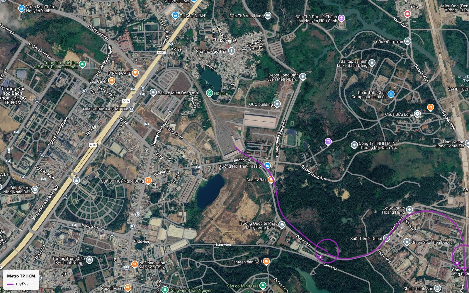 Ảnh vệ tinh đoạn đầu tuyến metro số 7 tại depot Long Bình cạnh Bến xe Miền Đông mới và Xa lộ Hà Nội