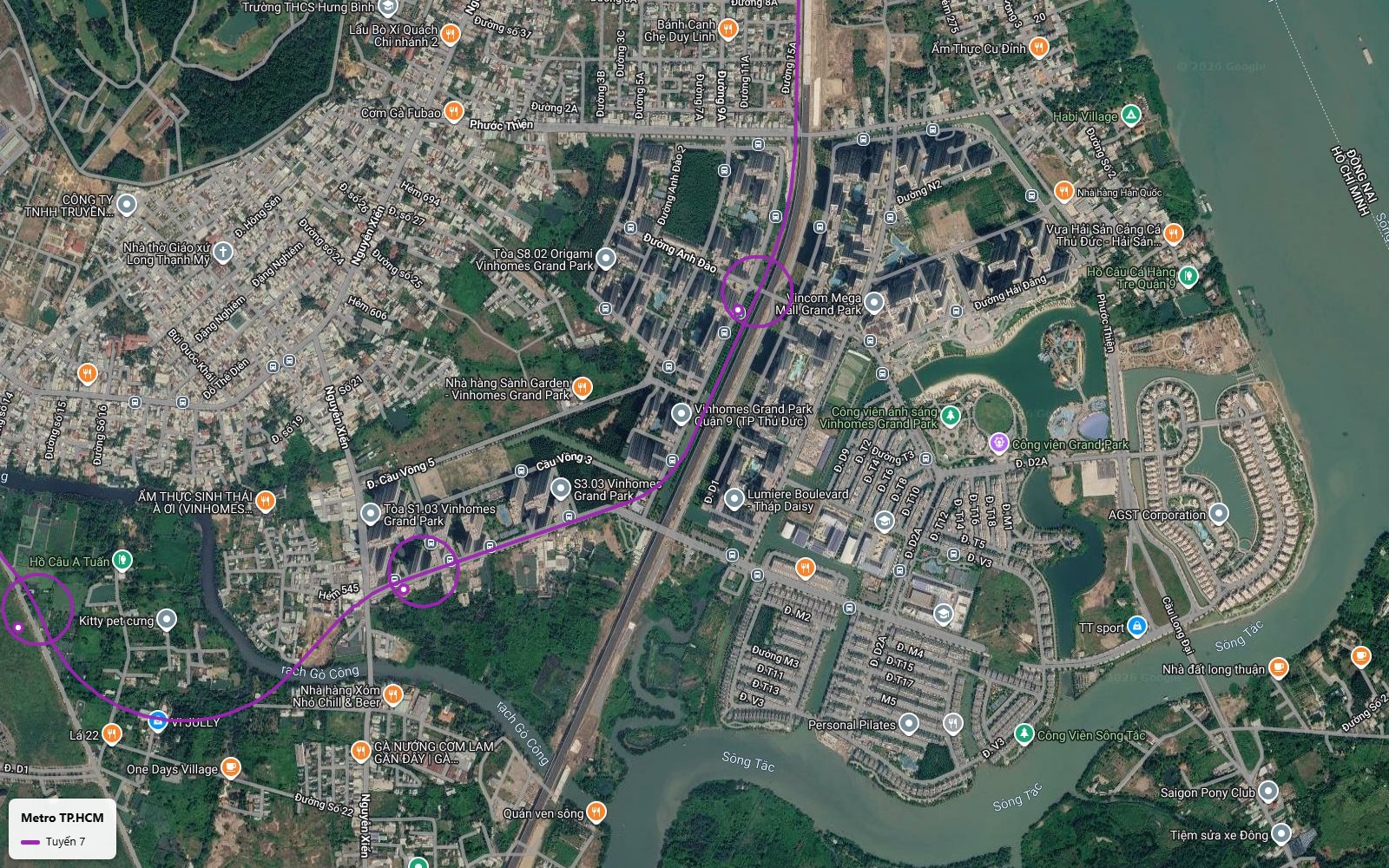 Ảnh vệ tinh tuyến metro số 7 với ga trung chuyển cạnh Vincom Mega Mall trong khu đô thị Vinhomes Grand Park