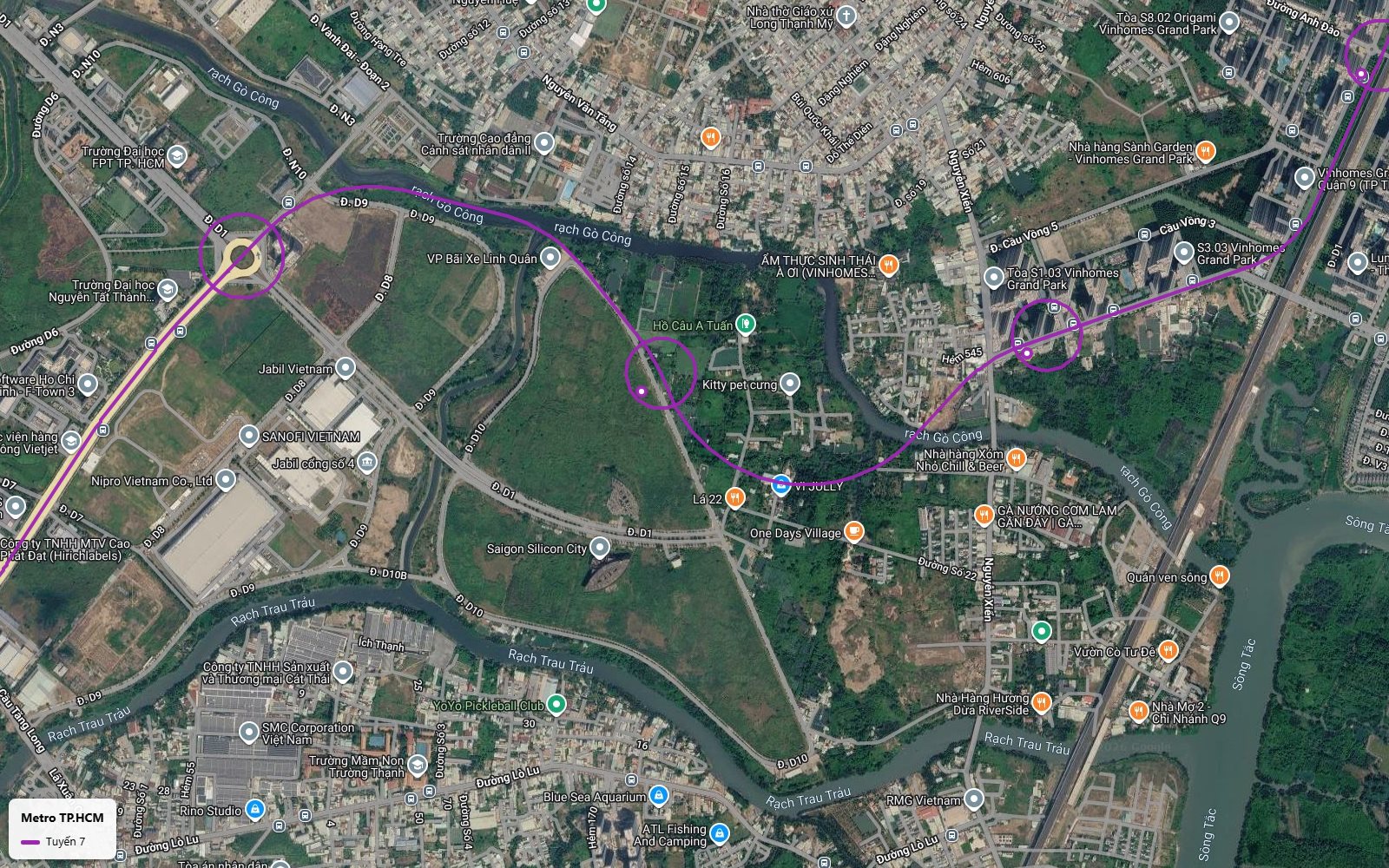 Ảnh vệ tinh tuyến metro số 7 men rạch Gò Công về Đại học FPT và Đại học Nguyễn Tất Thành