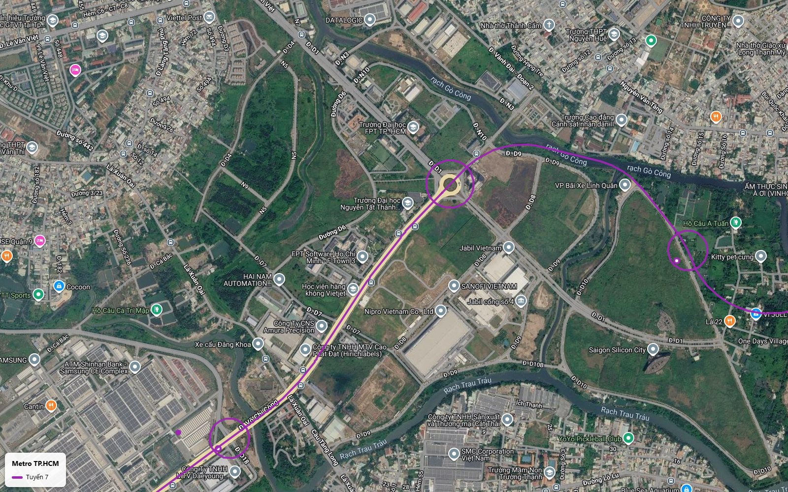 Ảnh vệ tinh tuyến metro số 7 qua Khu Công nghệ cao TP Thủ Đức với FPT Software F-Town 3 và Học viện Hàng không Vietjet