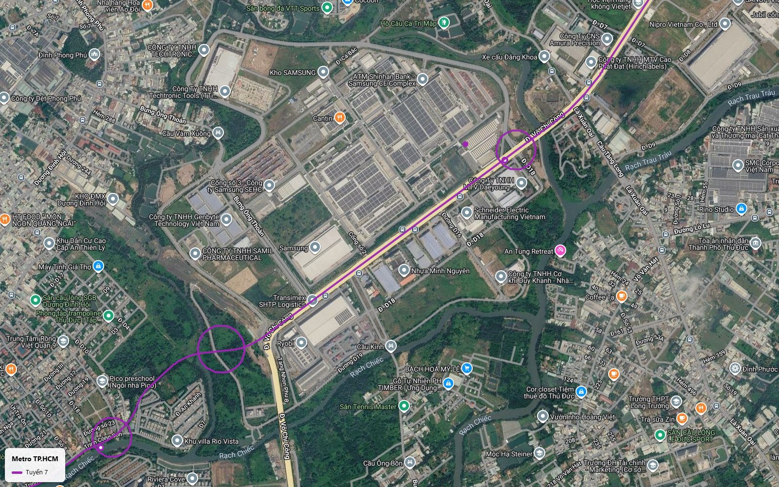 Ảnh vệ tinh tuyến metro số 7 chạy dọc đường Võ Chí Công ngang nhà máy Samsung SEHC rồi rẽ hướng rạch Chiếc