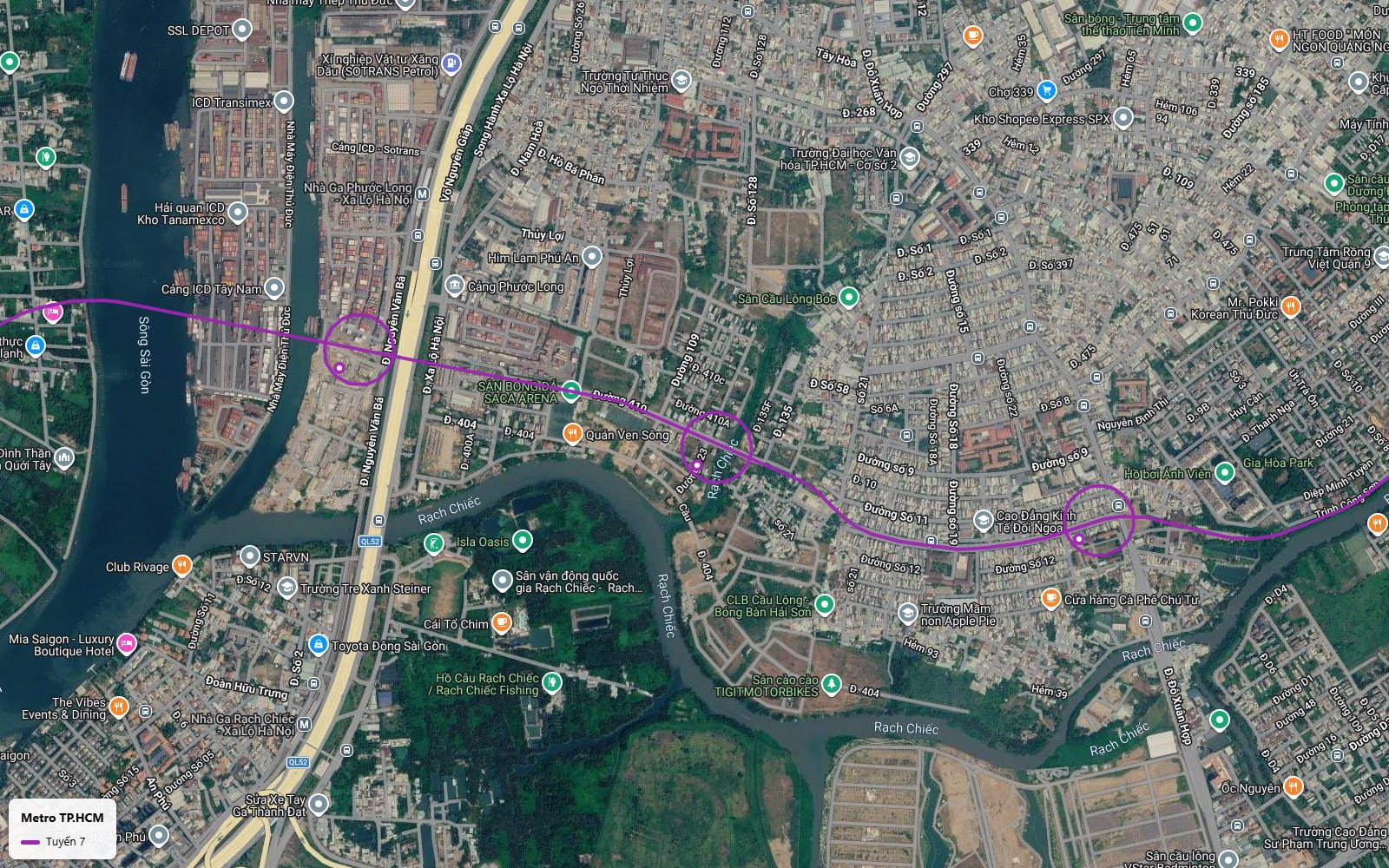 Ảnh vệ tinh tuyến metro số 7 cắt ngang Xa lộ Hà Nội gần nhà ga Phước Long metro số 1 và cụm cảng ICD Trường Thọ