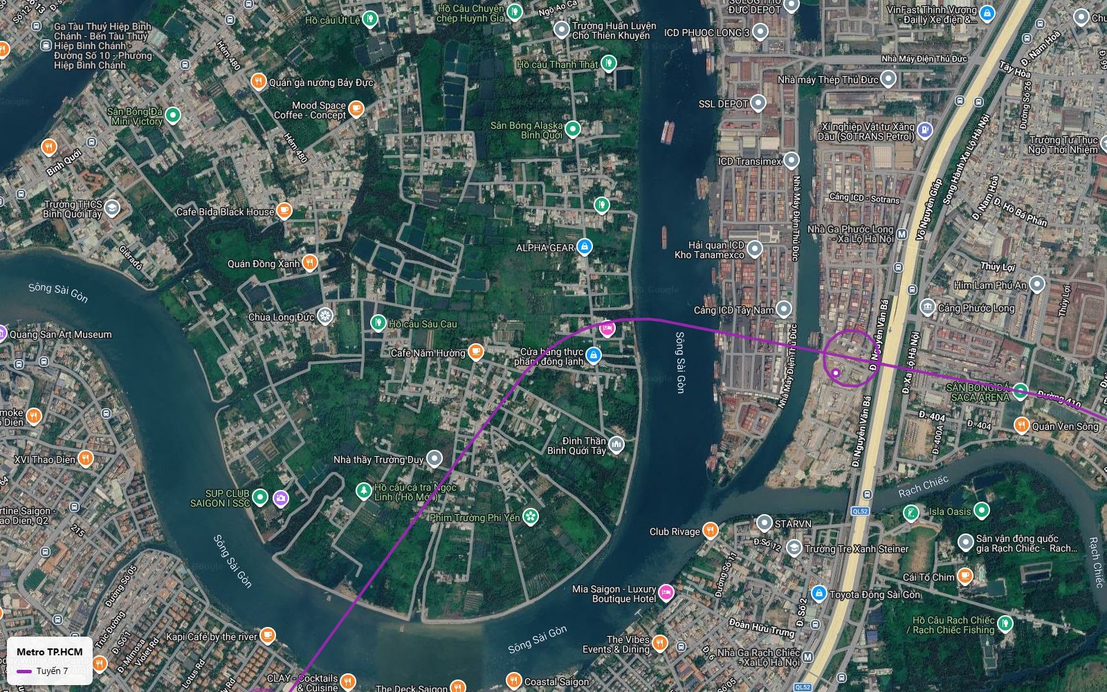 Ảnh vệ tinh tuyến metro số 7 vượt sông Sài Gòn từ khu cảng Trường Thọ băng chéo qua bán đảo Bình Quới Thanh Đa