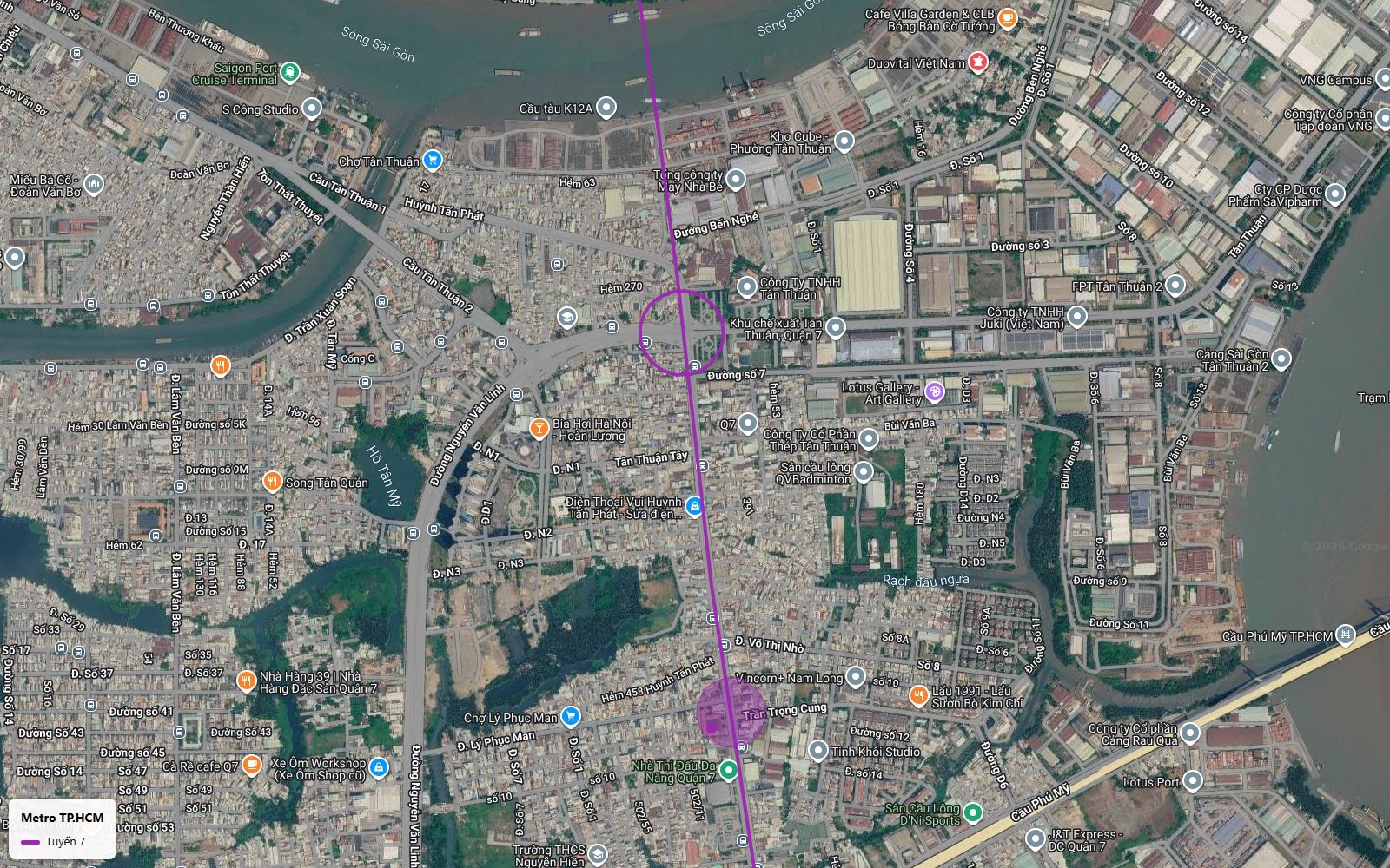Ảnh vệ tinh tuyến metro số 7 qua Khu chế xuất Tân Thuận Quận 7 với ga tại nút đường số 7 và trục Huỳnh Tấn Phát
