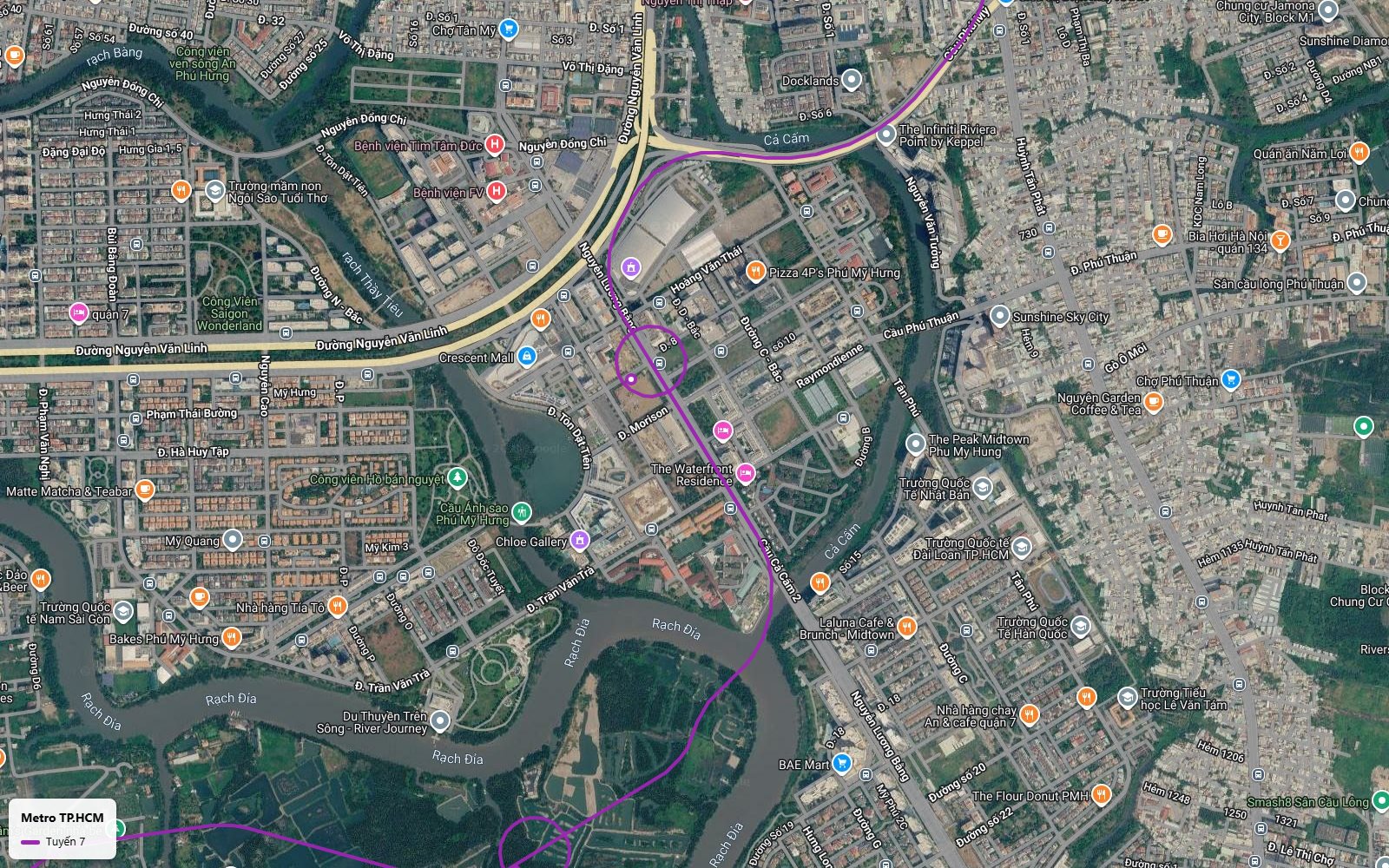 Ảnh vệ tinh tuyến metro số 7 xuyên khu đô thị Phú Mỹ Hưng qua Crescent Mall Hồ Bán Nguyệt và The Peak Midtown