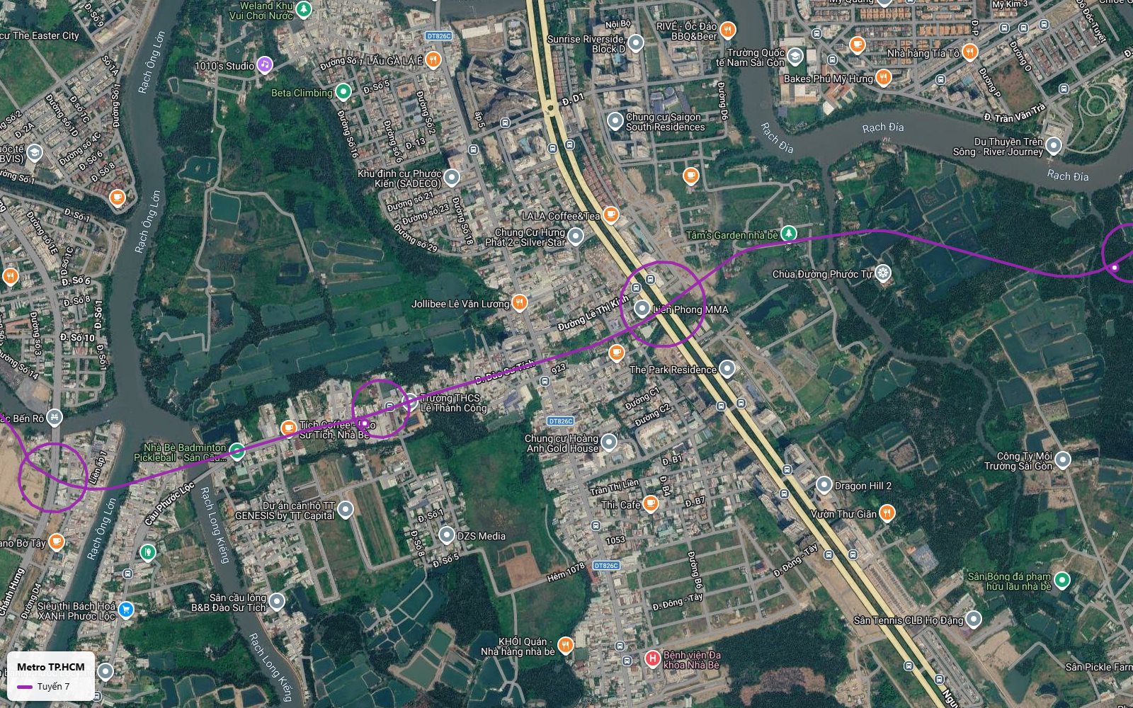 Ảnh vệ tinh tuyến metro số 7 theo đường Đào Sư Tích qua xã Phước Kiển Nhà Bè với ga gần Trường THCS Lê Thành Công