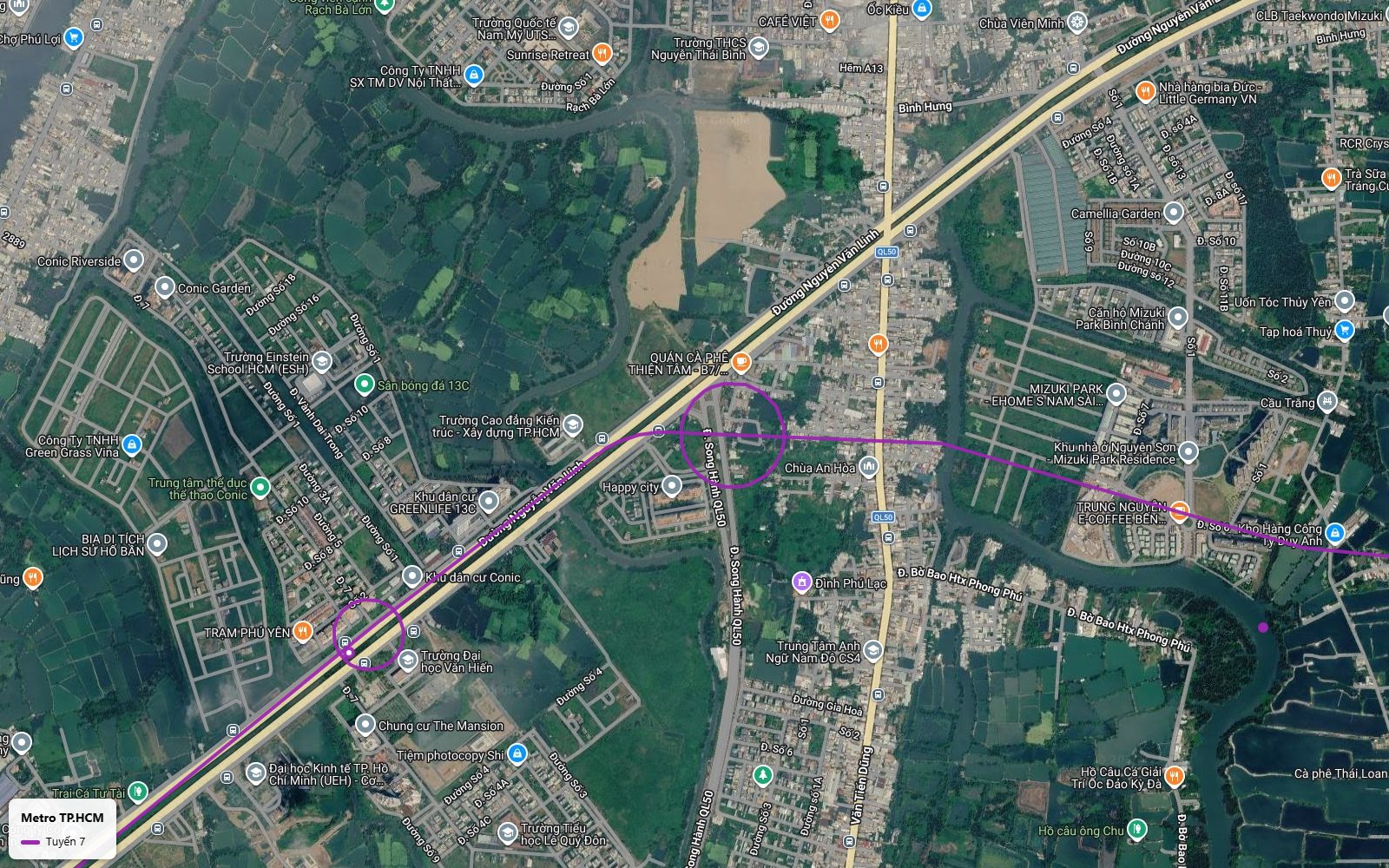 Ảnh vệ tinh tuyến metro số 7 nhập đại lộ Nguyễn Văn Linh tại nút Quốc lộ 50 qua khu dân cư Conic và Đại học Văn Hiến