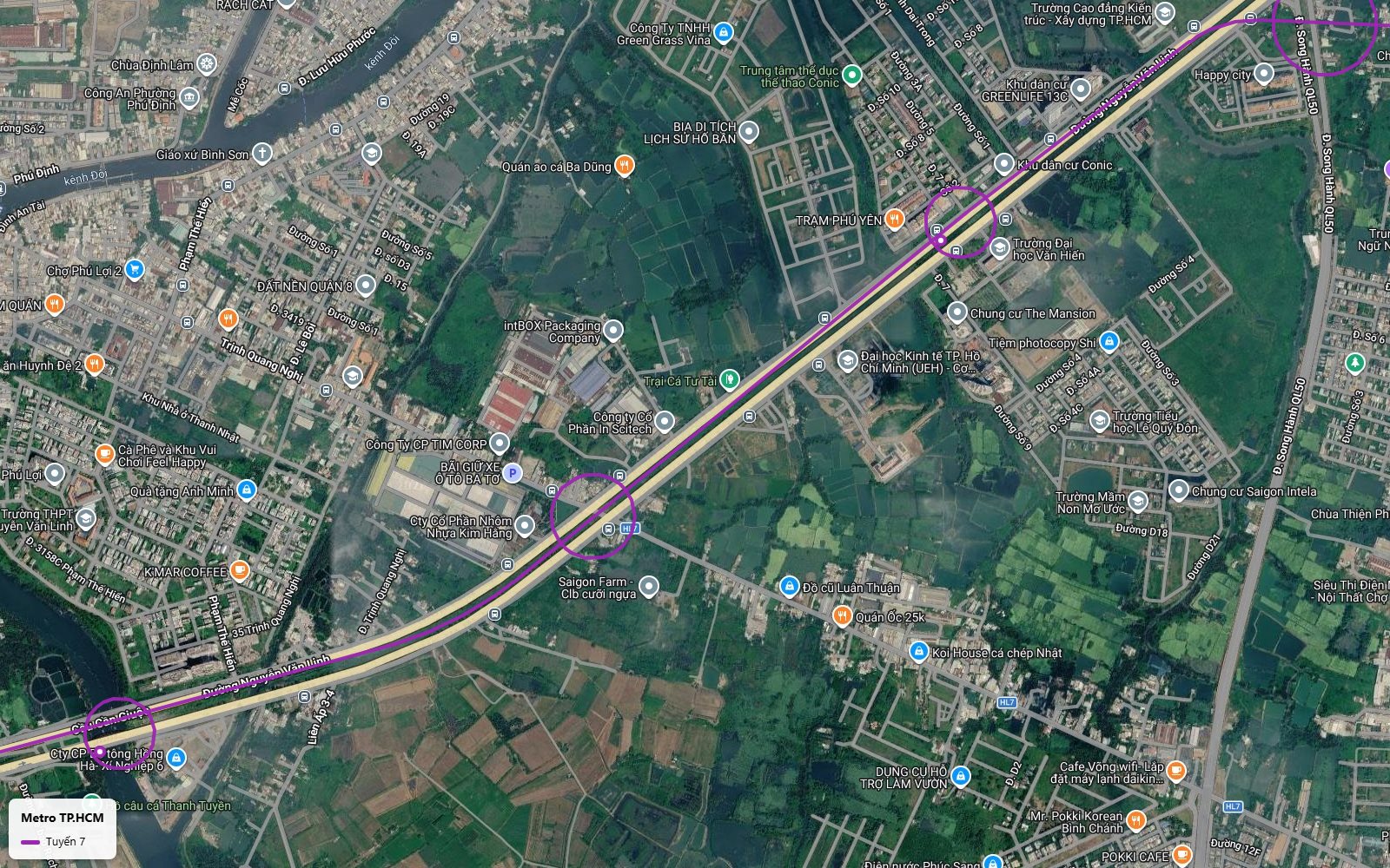 Ảnh vệ tinh tuyến metro số 7 dọc đại lộ Nguyễn Văn Linh qua Đại học Văn Hiến và UEH hướng về cầu Cần Giuộc