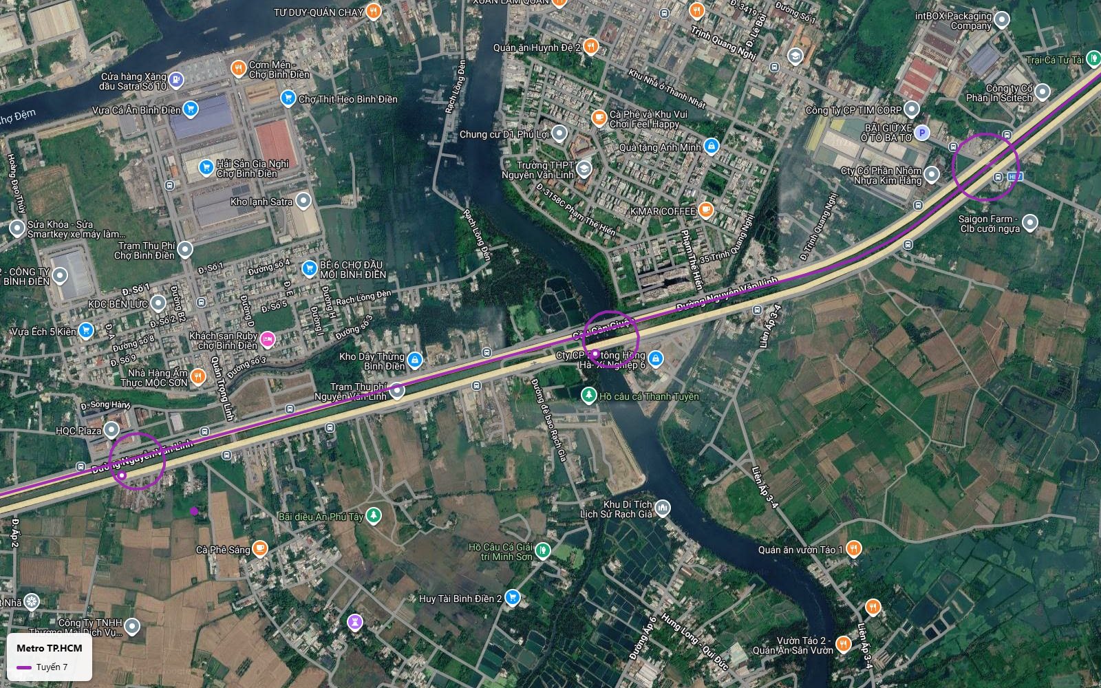 Ảnh vệ tinh tuyến metro số 7 đi qua chợ đầu mối Bình Điền và vượt cầu Cần Giuộc trên đại lộ Nguyễn Văn Linh
