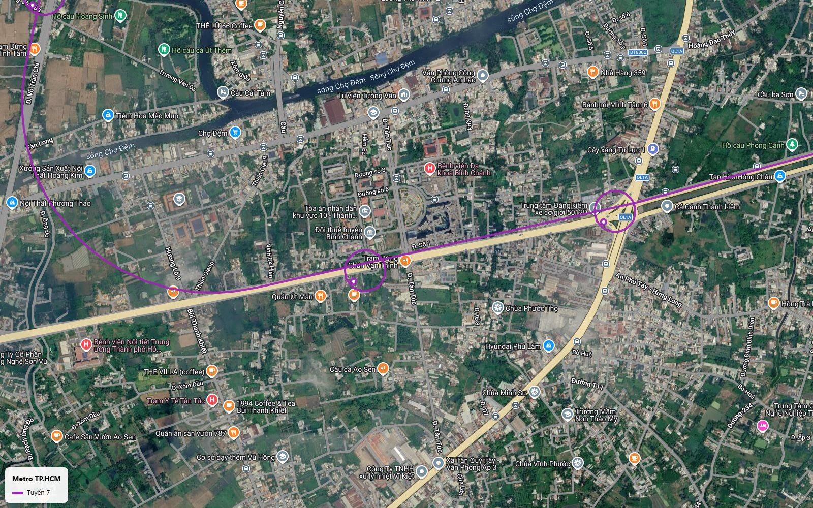 Ảnh vệ tinh tuyến metro số 7 qua thị trấn Tân Túc Bình Chánh với ga Trạm dừng chân Vạn Thịnh và đường cong về Võ Trần Chí
