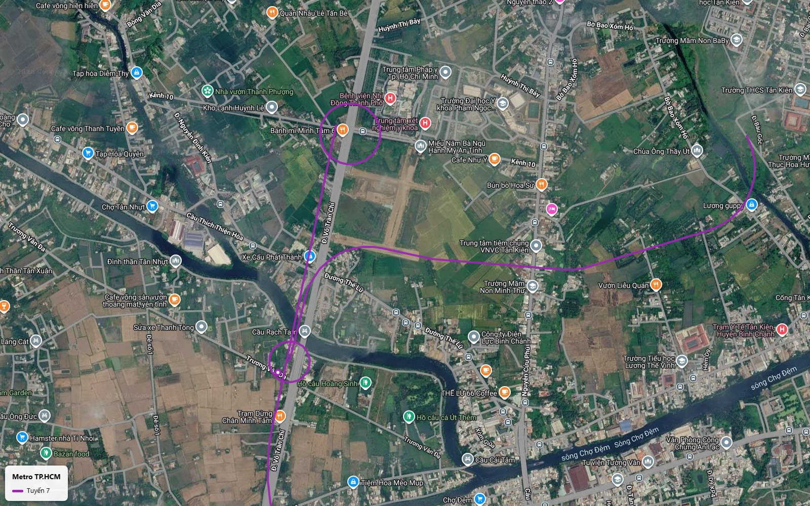 Ảnh vệ tinh tuyến metro số 7 rẽ từ Võ Trần Chí về khu Tân Kiên qua Kênh 10 và trung tâm tiêm chủng VNVC Tân Kiên