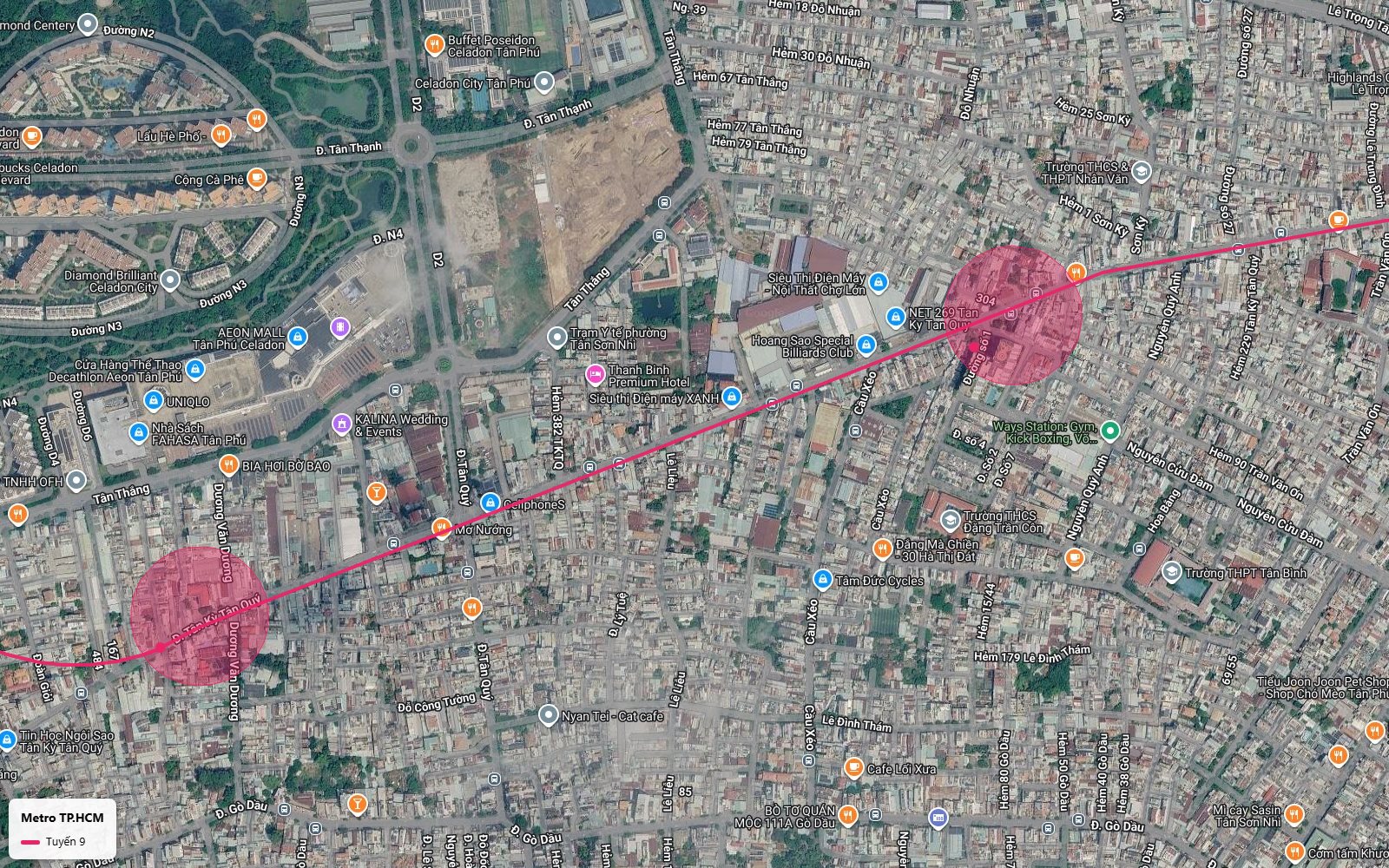 Nhìn từ trên tàu metro số 9 xuống hai vùng ga trên Tân Kỳ Tân Quý cạnh Aeon Mall Tân Phú Celadon
