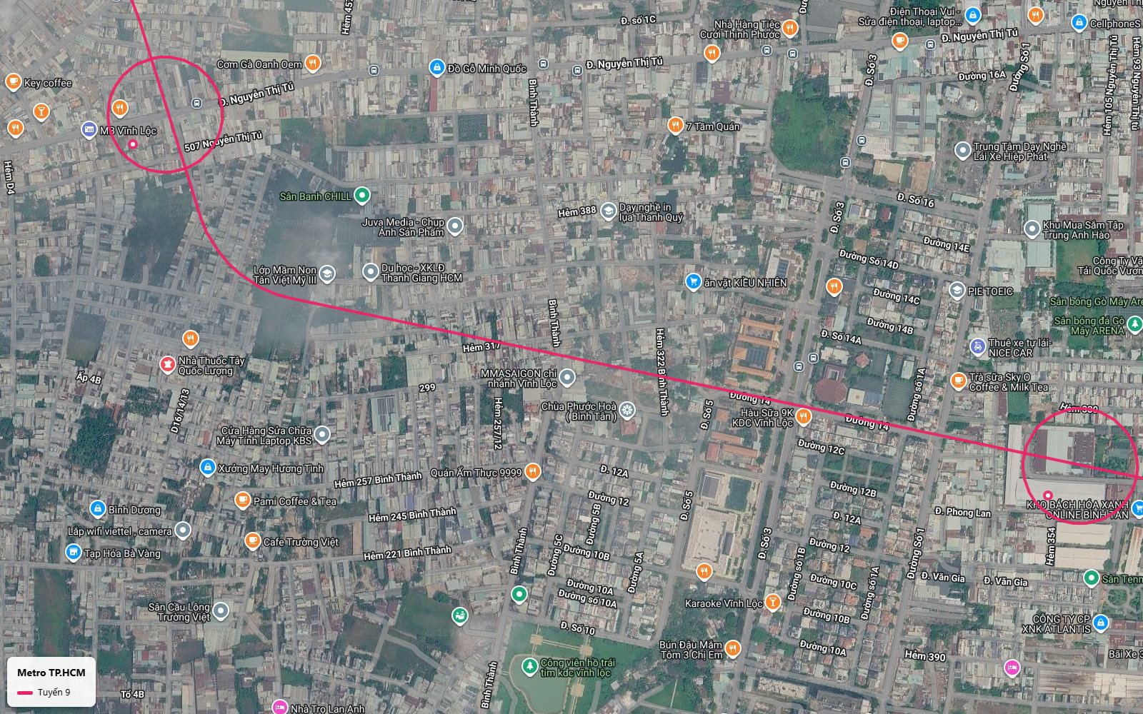Nhìn từ trên tàu metro số 9 xuống Đường 14 xuyên khu dân cư Vĩnh Lộc phường Bình Hưng Hòa B